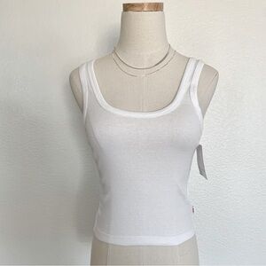 Hanes Originals White Scoop Neck Fitted Cropped Ribbed Tank Top Stretch Cotton